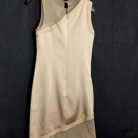 Sally LAPOINTE khaki SILK sheath dress one shoulder sheer mesh cocktail NWT sz 0 - Picture 2 of 10